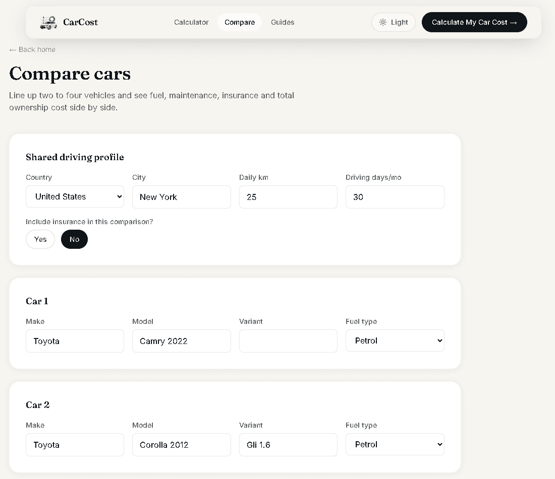 CarCost Calculator compare screen, showing a shared driving profile and two vehicles being compared side by side