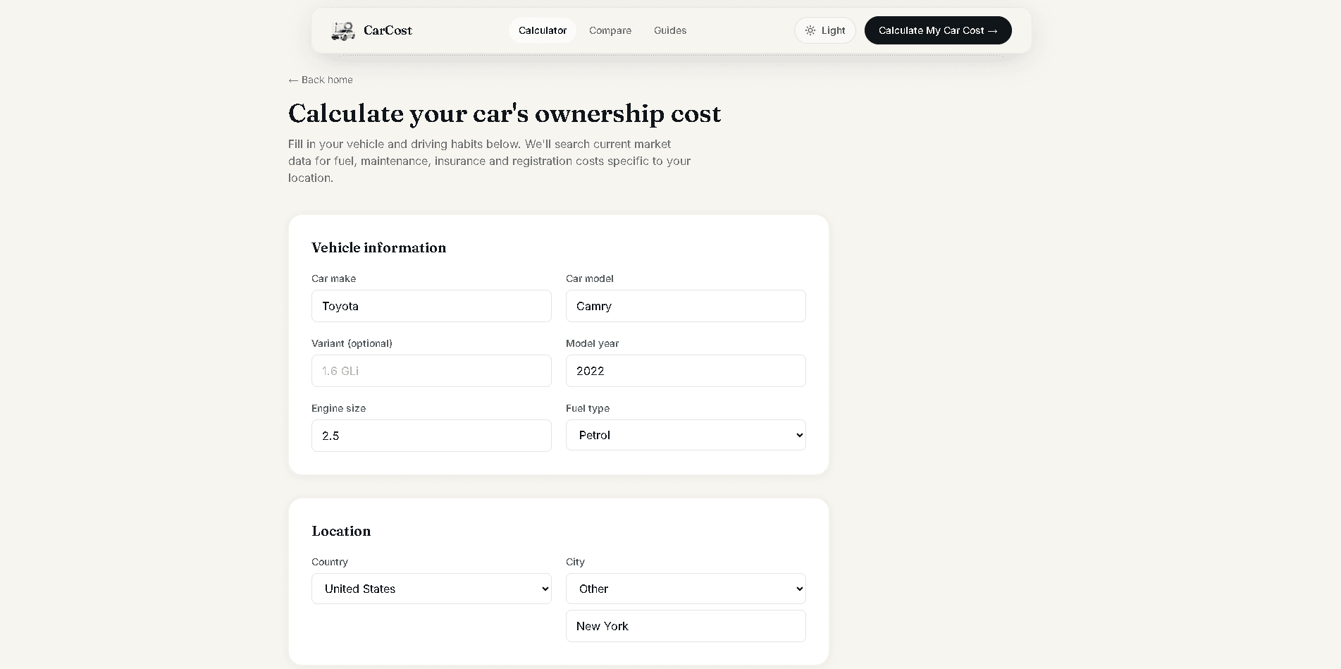 CarCost Calculator vehicle and location step, showing car make, model, variant, year, engine, fuel type, country and city fields