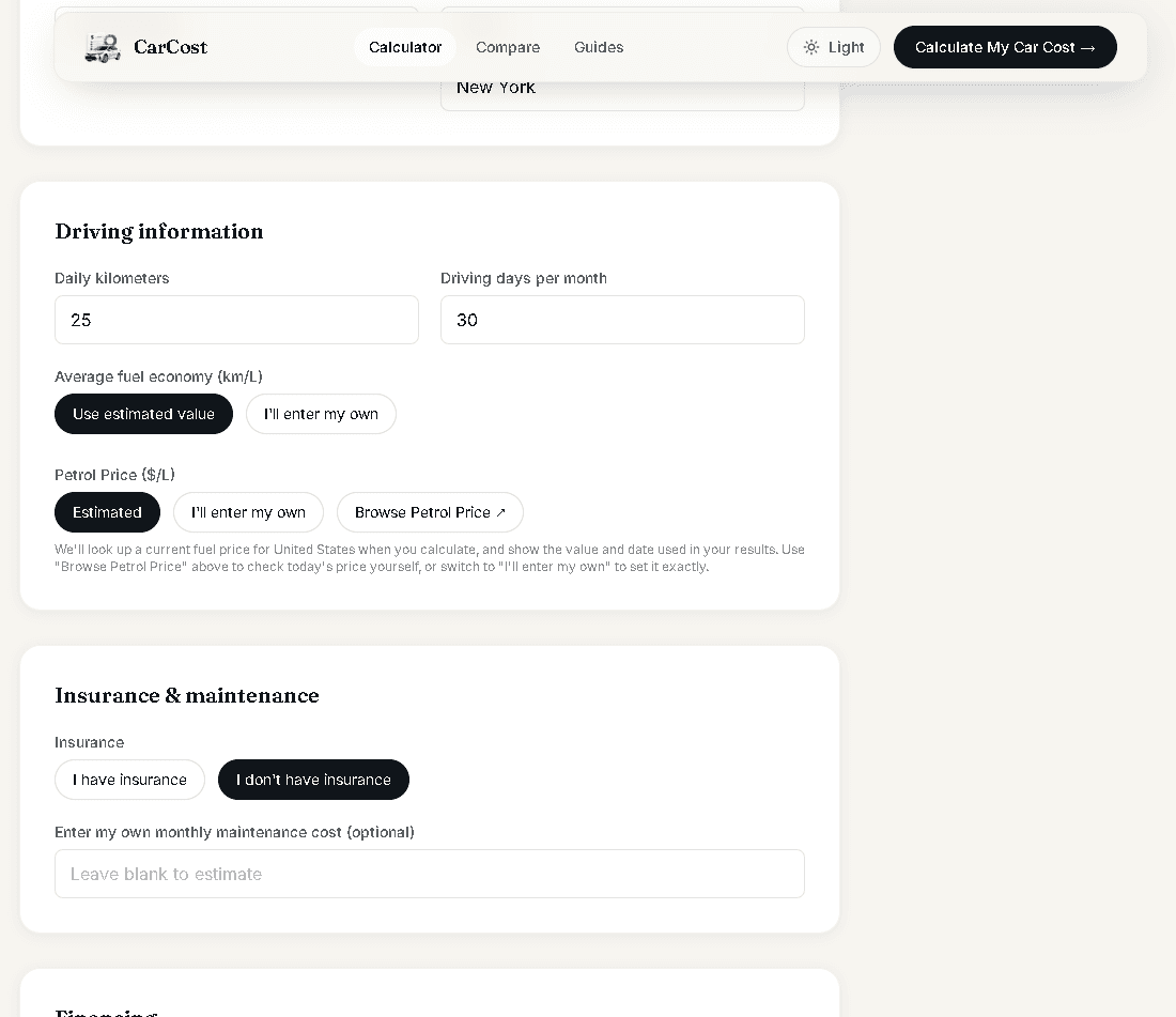 CarCost Calculator driving information step, showing daily kilometers, driving days per month, fuel economy, petrol price, insurance and maintenance options